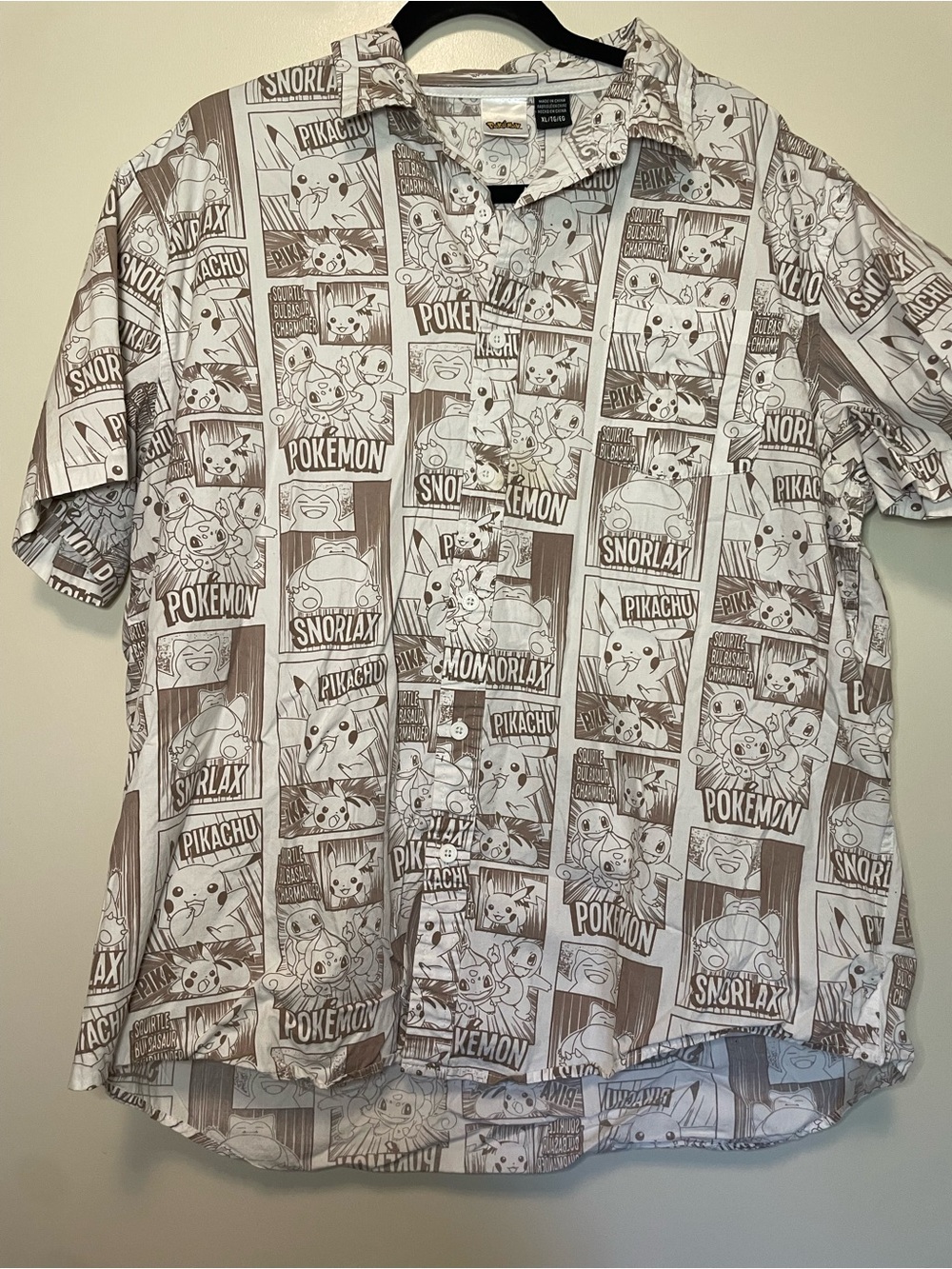 Pokemon Short-Sleeve Button-Up Shirt - White and Brown Comic Panel Print